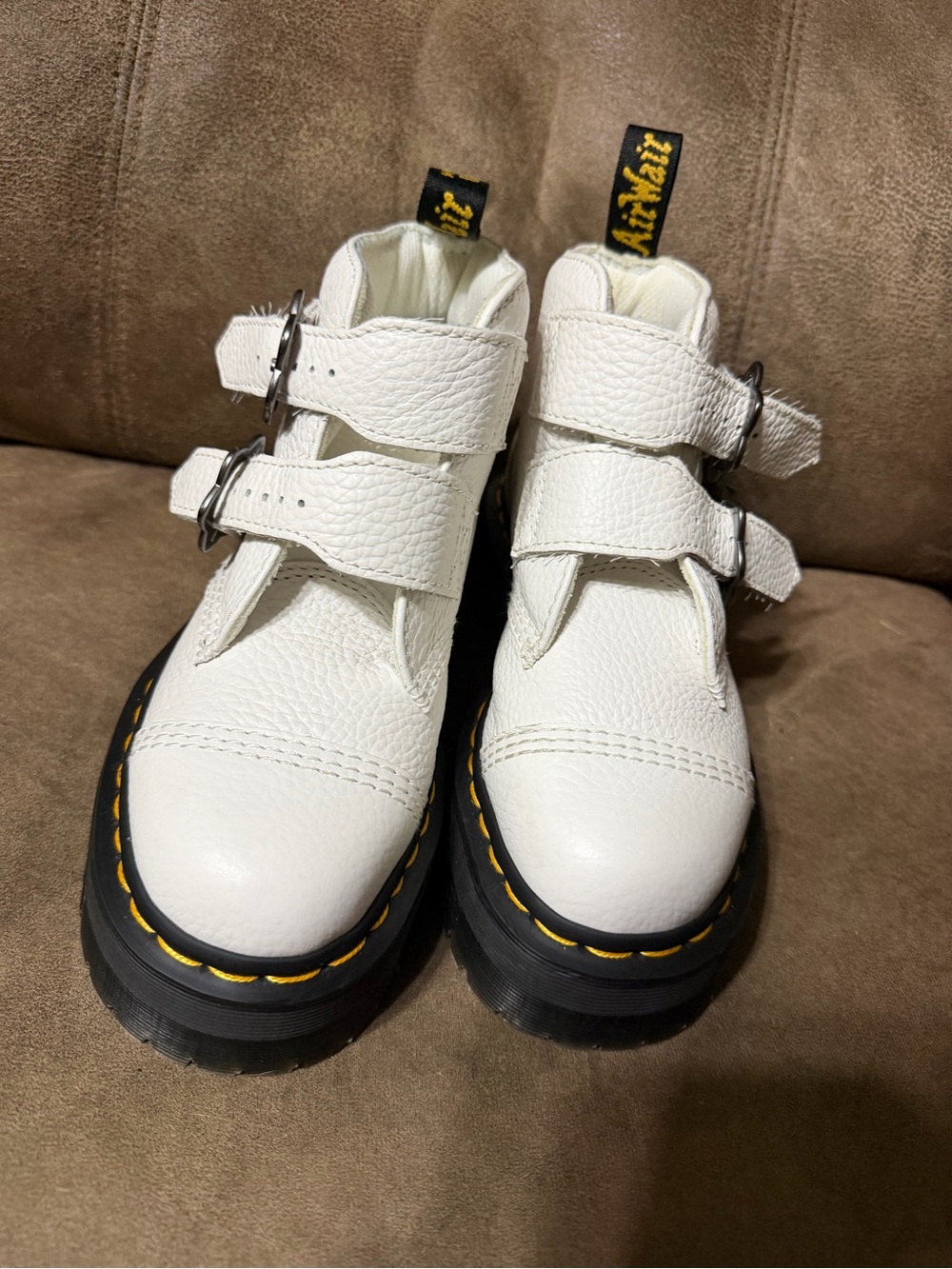 Dr. Martens White Leather Double Buckle Platform Boots